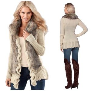 VENUS | Faux Fur Trim Ruffle Long Cardigan Sweater - M